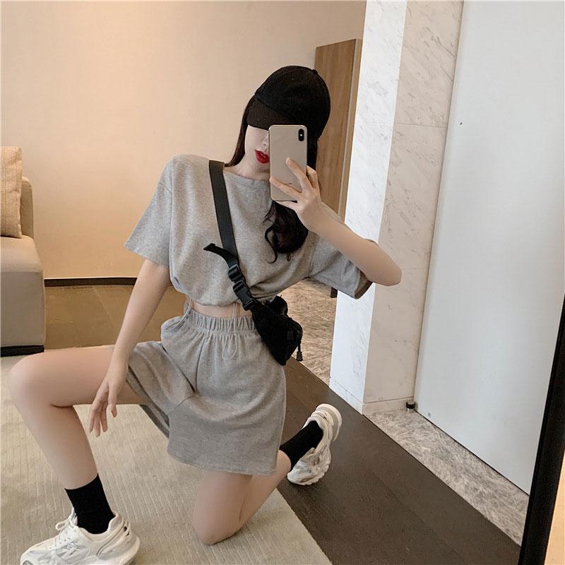 2PCS Summer Casual Sports Suit Women's Wide-leg Shorts + Short-sleeved T-shirt Two-piece Fitness Jogging Clothes Home Comfort Sets