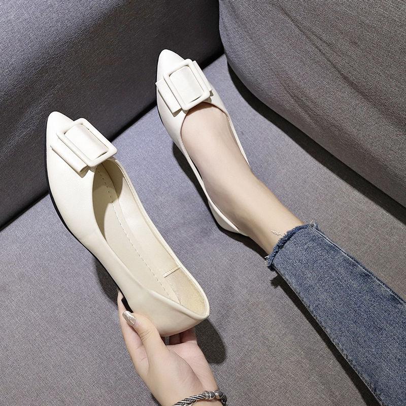 Women's Leather Shoes Women's Pointed Toe Flat Shoes Women's Shallow Mouth Flat Shoes Women's Shoes Soft Bottom Square Buckle Work Shoes Women