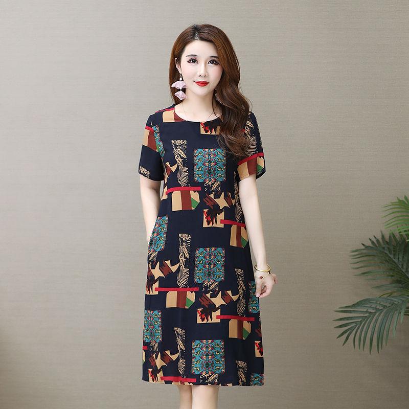 Summer Casual Dress Women's O-neck Short-sleeved Floral Print Mid-length Loose Dress Fabric Light and Breathable Women's Casual Plus Size Dress