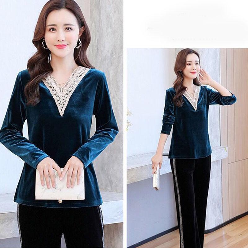 Women Sexy V-neck Golden velvet Office Blouse Elegant Long Sleeve Wild Basic Shirts Vintage Casual Ladies Top Spring Fall Pullover