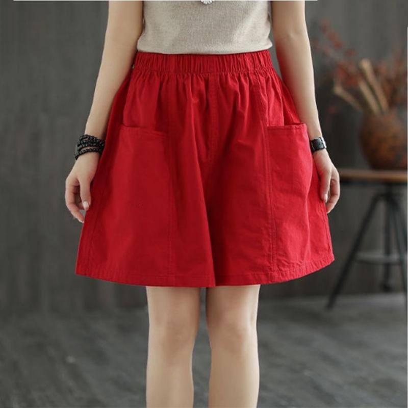 Cotton Shorts Women Loose High Waist Wide Leg Summer Straight Casual Cool Comfortable Elastic Waist Big Pocket Pure Color Simplicity