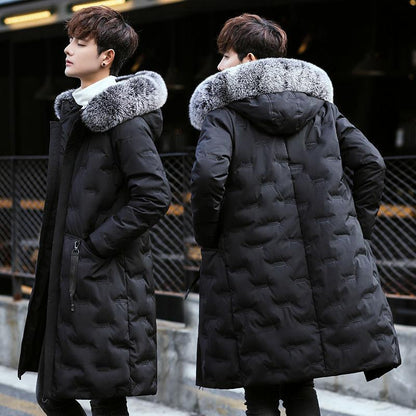 Men's Down Jacket Korean Thickened Medium Length Slim Coat Oversized Hair Collar Youth Men's Fashion Coat