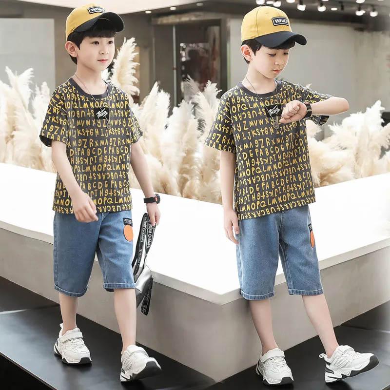 Children's Clothing Boys Summer Suit Head-up Letter Printing Short-sleeved Breathable Denim Five-point Pants Cool Cute Boy Two-piece Suit