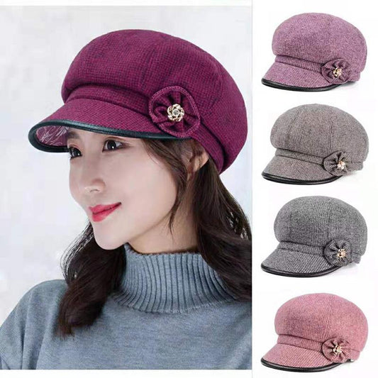 Women's Octagonal Beret Hat Wool Blend Plaid Flower Diamond Hat Autumn and Winter Mother Hat Middle-aged Elderly Baker Hat