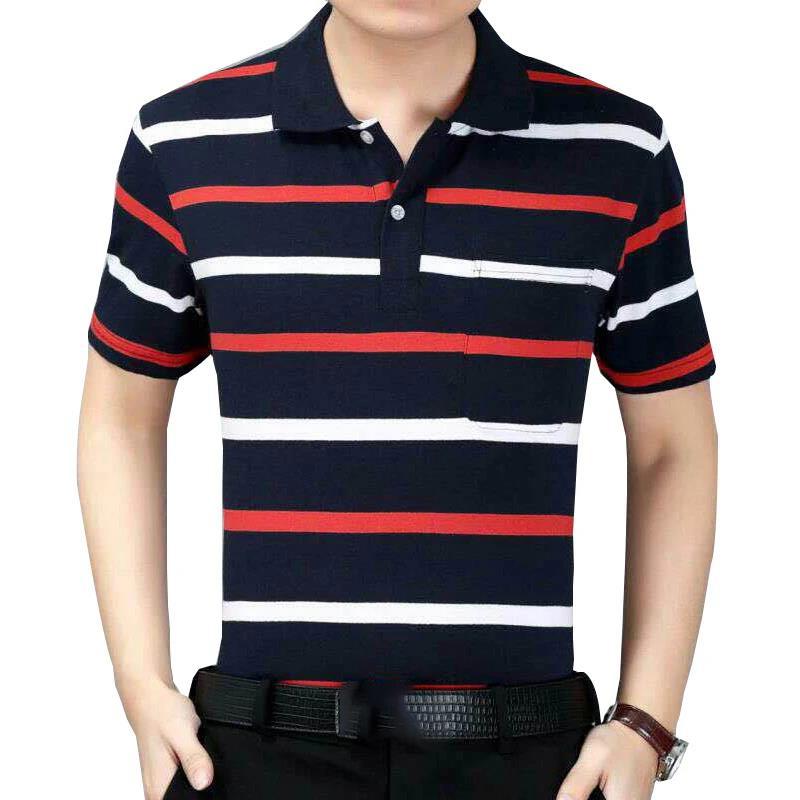 Summer Short-sleeved T-shirt Male Middle-aged Striped Dad Outfit Lapel    Shirt Loose Half-sleeved Shirt with Real Pockets