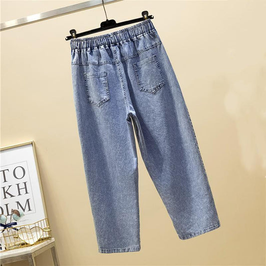 WTEMPO Little Girl Embroidery Women's Jeans Loose Straight Elastic Waist Denim Big Pocket Trousers