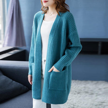 Autumn and Winter Cardigan Sweater Loose Casual Mid-length Top Clothes Solid Color Knitted Female Jacket