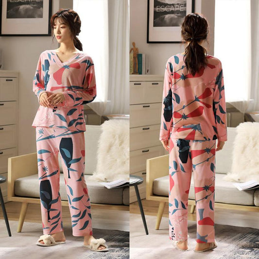 Women's Long-sleeved Floral Printing V-neck Pajamas Suit Home Wear Set Spring Sweet Casual Large Size Loose Pajamas Two-piece Set