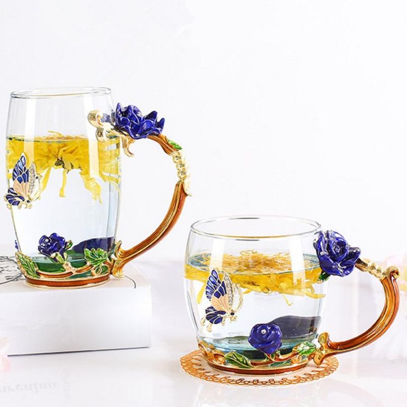 Exquisite 3D Coffee Tea Glass Enamel Cups Butterfly Rose Tea Cup Carved Flower Cup