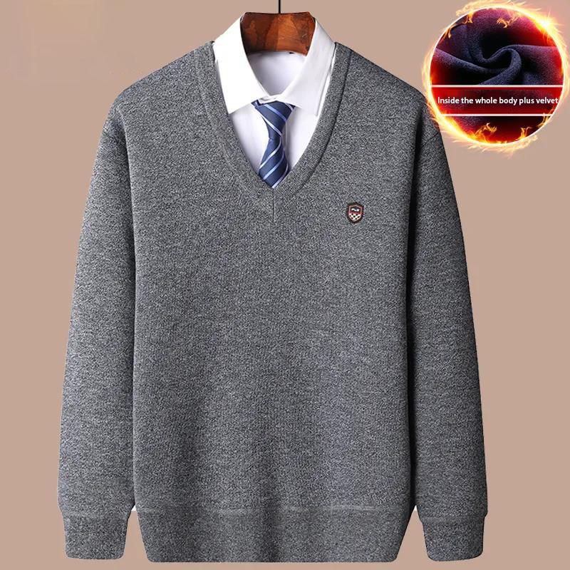 Autumn and Winter Sweaters Plus Velvet Thick Warm Pullover Sweater V-neck Top Suitable for Middle-aged and Elderly Men