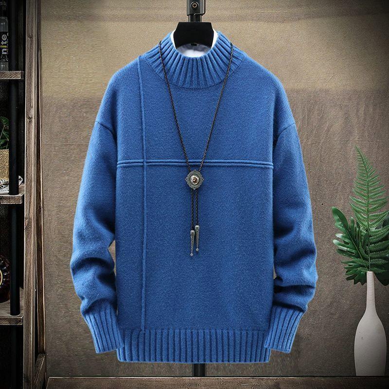 Men's Sweater Half Turtleneck Plus Fleece Thickening Autumn and Winter Youth Slim Trend Pullover Sweater