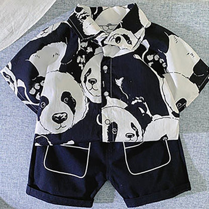 2PCS Children Clothing Set Spring Summer Boy's Printed Panda Shirt Shorts Single Breasted Thin Suits