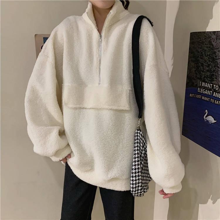 Half Zipper Stand-up Collar Padded Sweater Student Lazy Style Loose Coat Women