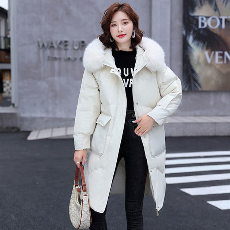 Women's Shiny Down Padded Jacket Mid-length Korean Style Loose Padded Jacket Warm Cotton Coat Big Fur Collar Winter Clothes