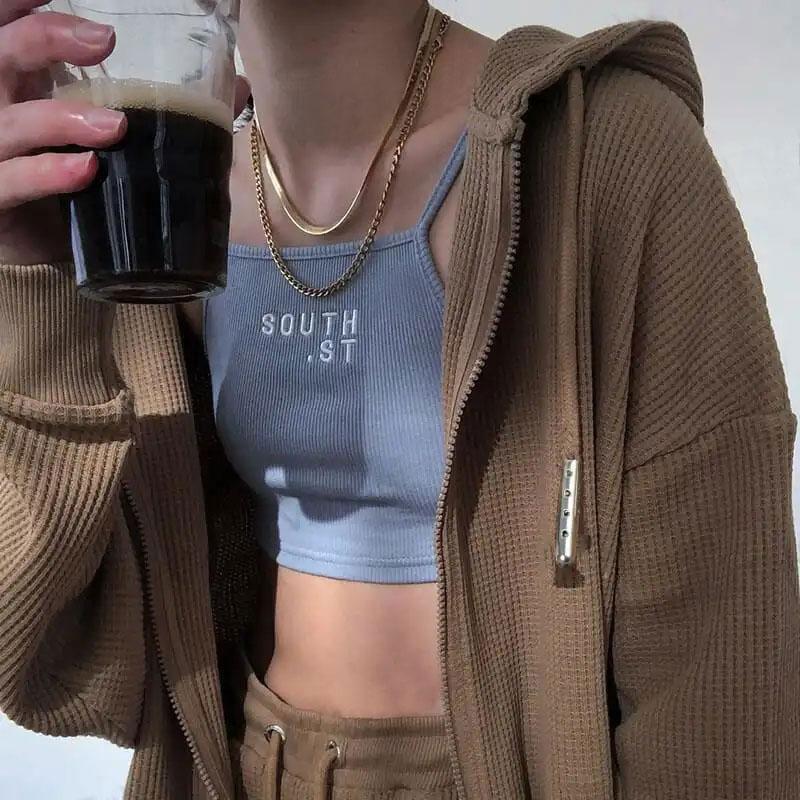 Retro Coffee-colored Hooded Sweater Women's Waffle Chain Jacket Ins Cardigan Personality Student Coffee-colored Sweater