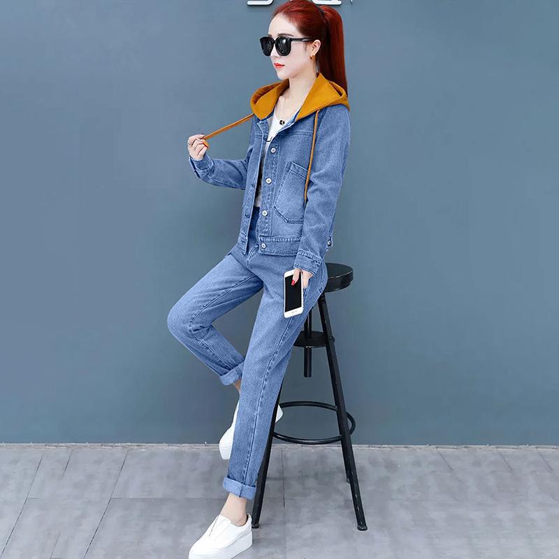 Casual Denim Suit Slimming Denim Hooded Jacket Long-sleeved Jacket + Jeans Two-piece Warm and Comfortable Ladies Casual Suit