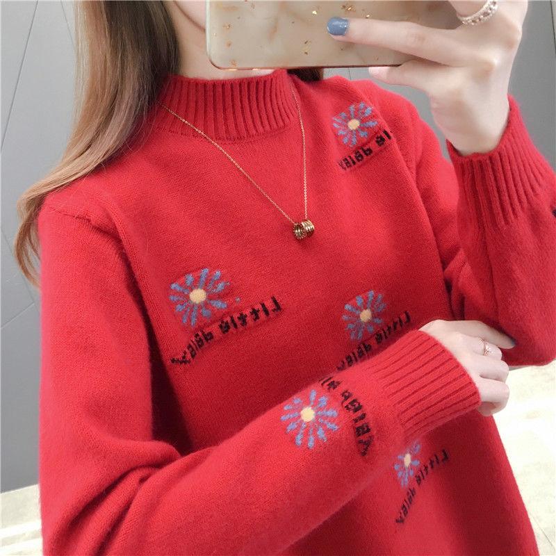 Autumn and Winter Half High Neck Pullover Sweater Loose Jacquard Simple Bottoming Shirt Thick Knitted Women Sweater