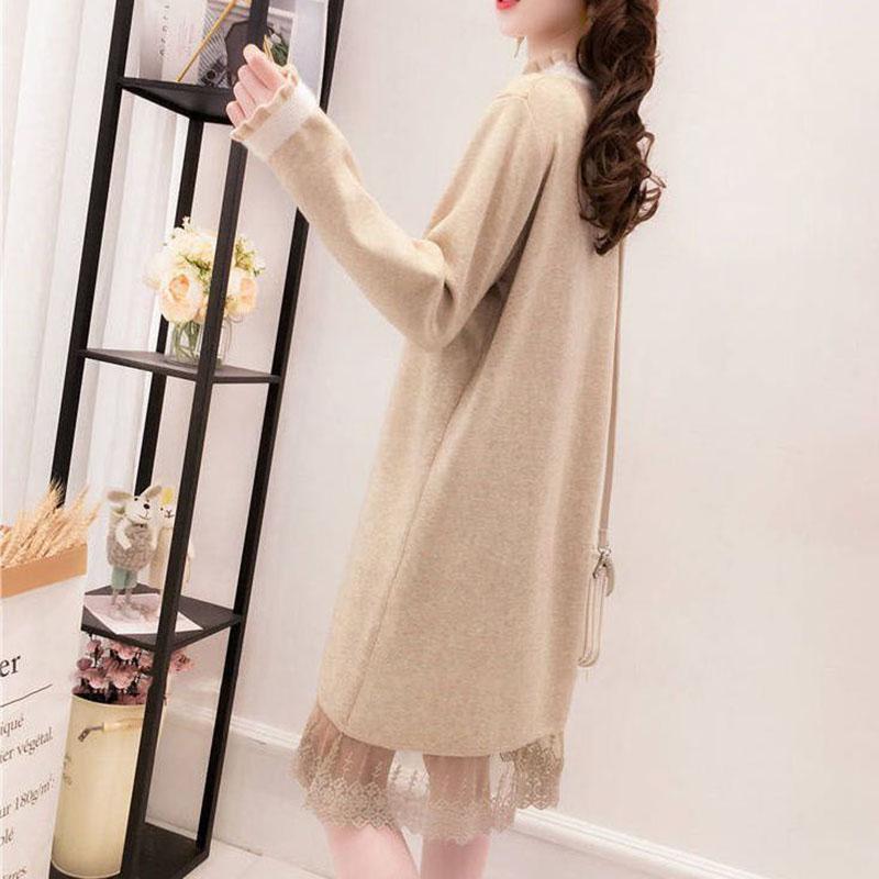 Autumn and Winter Knitted Lace Stitching Sweater Skirt Fashion All-match Hedging Bottoming Shirt Mid-length Female Sweater Dress