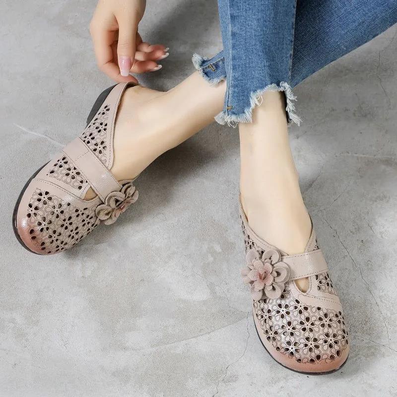 The First Layer of Cowhide Non-open Toe Half Slippers Women's Summer Wear Non-slip Tendon Soft Bottom Hole Shoes Home Flat Sandals Casual Shoes