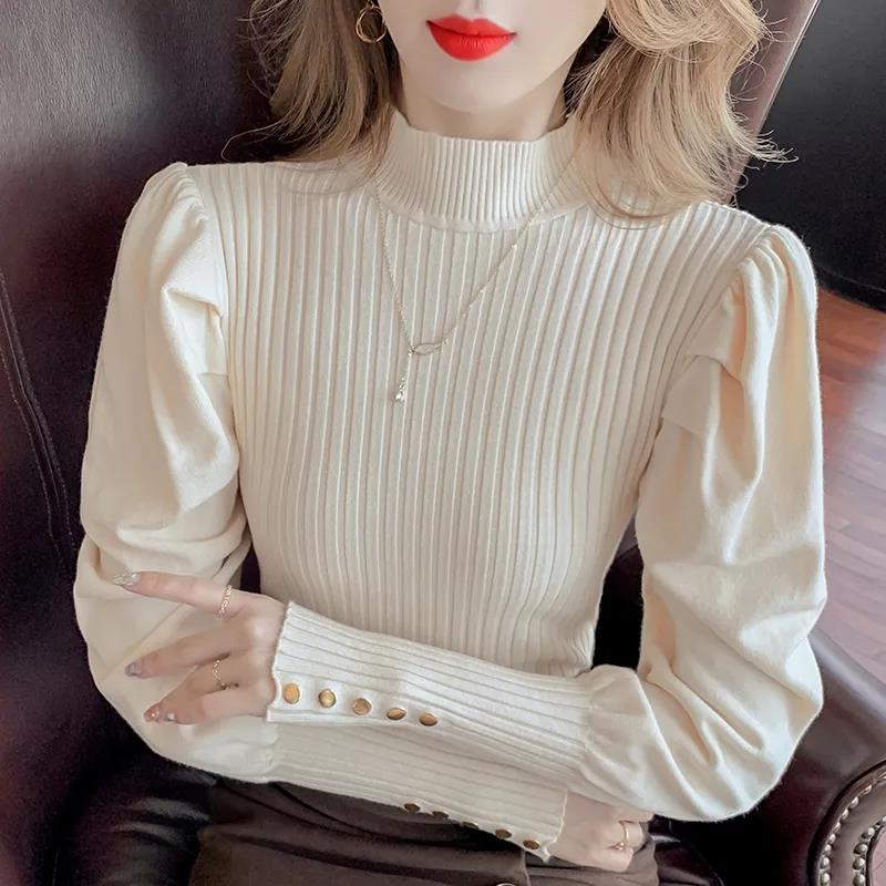 Autumn and Winter Fashion Semi-high Collar Bubble Lantern Sleeve Knitted Bottoming Shirt Feminine Temperament Sweater Top