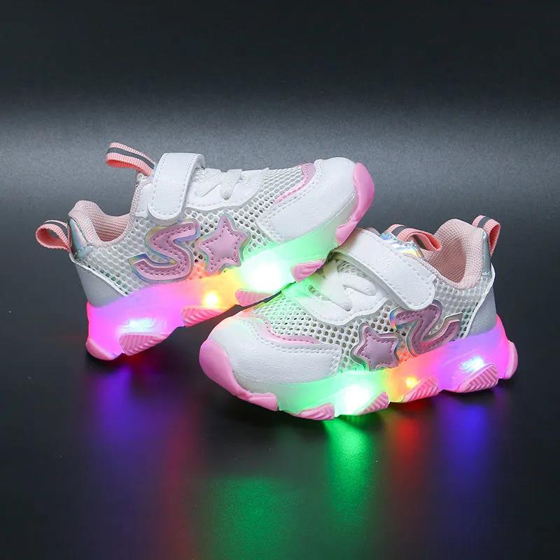 Summer Boys' Luminous Sneakers Children's Breathable Running Shoes Girls' Hollow Student Shoes