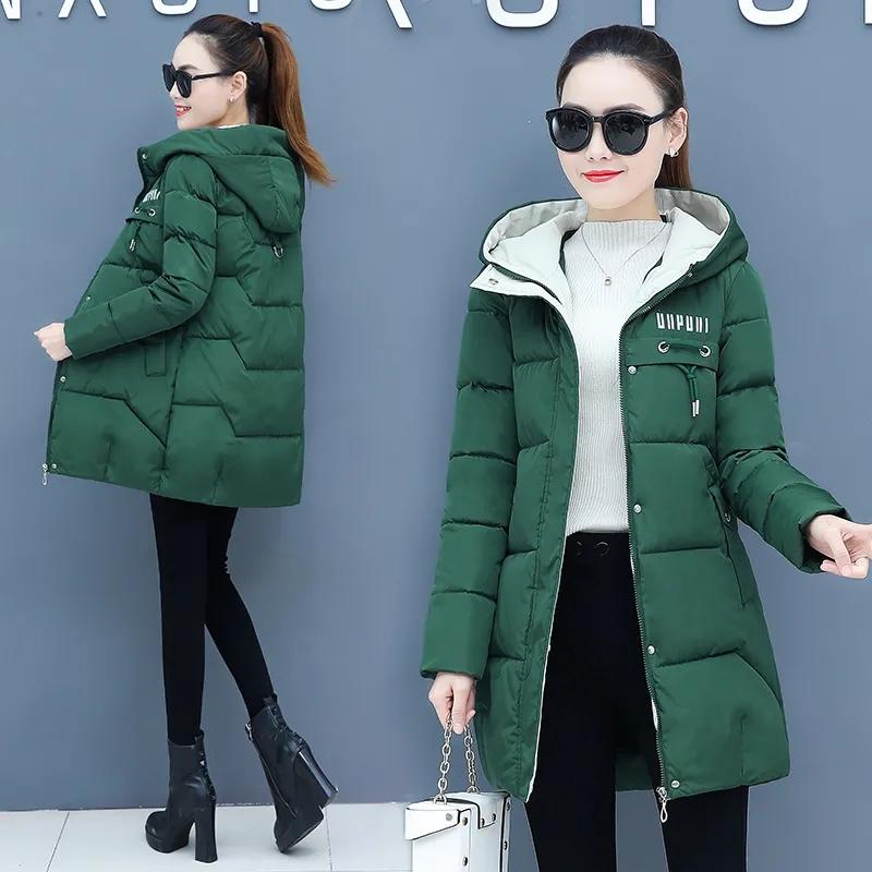 Winter Parkas for Women Mid-length Cotton Women's Down Coats Letter Print Jacket Hooded Medium Long Warm Thickning Coats Female Slim Outerwear