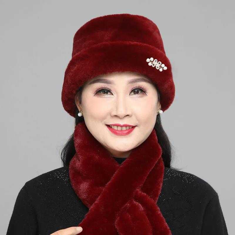 Women's Scarf Hat Set Winter Warm Windproof Mother Grandma Hat Solid Soft Rex Rabbit Fur Blend Top Hat Scarfs Set Rhinestone Pearl Decoration Caps