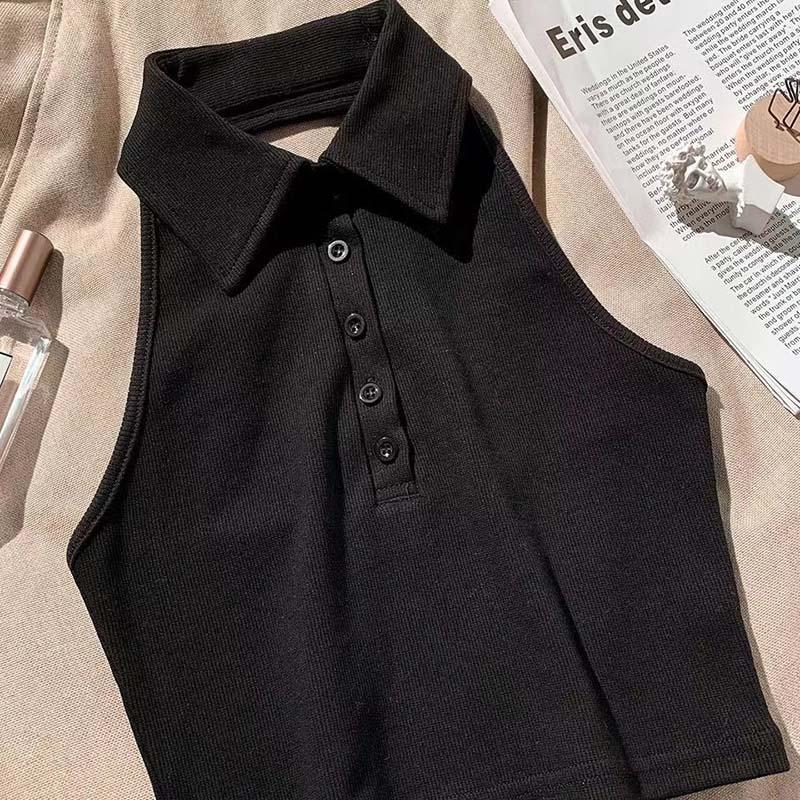 Polo Shirt Collar Halter Camisole Women Outerwear Summer Sexy Open Back Girl Slim Short Crop Top Solid Color Temperament Sleeveless Halter Vest Top