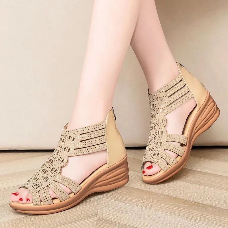 Sandals Women's Summer Slope with Roman Rhinestone Fish Mouth Comfortable Women's Soft-soled Open-toe Sandals Women's High-heeled Sandals