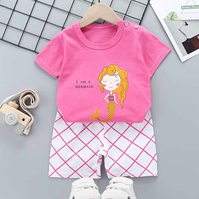 Children's Short Sleeve Suit Korean Style Boys and Girls Set Printing T-shirt + Shorts Two Piece Set