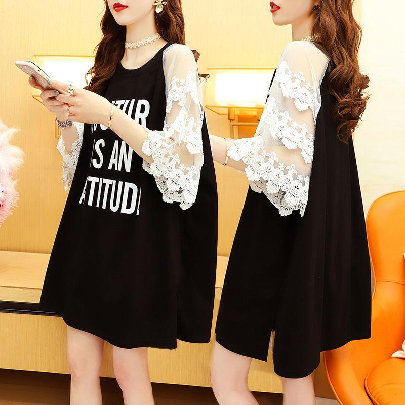 Women's Lace Stitching Short-sleeved T-shirt Summer Loose Design Sense  Split T-shirt Top