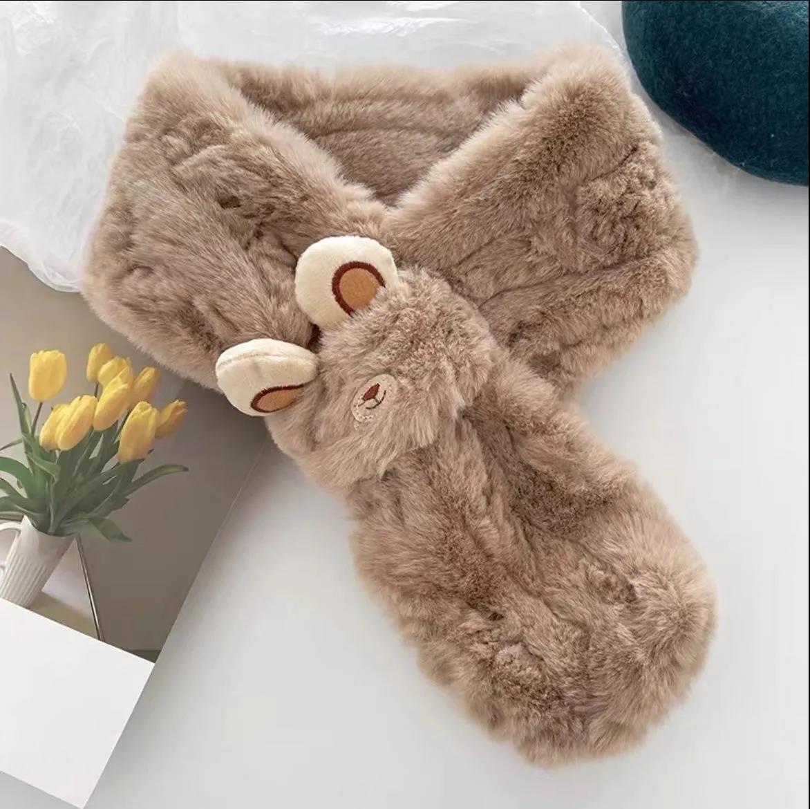 Winter Cartoon Plush Scarf Cute Bear Ears Imitation Rex Rabbit Fur Collar Thick Warm Scarf