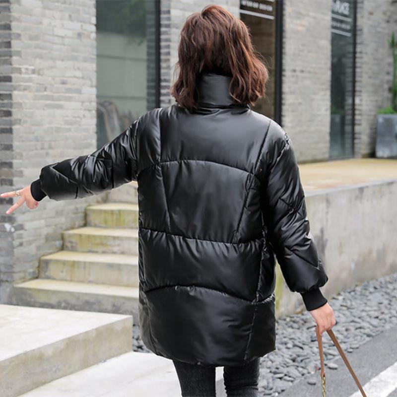 Women's Shiny Mid-length Down Jacket Winter Korean Style Loose Coat Warm Stand-collar Down Jacket