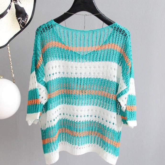 Women Spring and Summer Large Size Striped Knitwear Loose and Thin Pullover Sunscreen Hollow Out Blouse