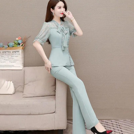 Women's Chiffon Set Slim Body Elegant Temperament Two-piece Drape Wide-leg Pants Lace Chiffon Short-sleeved Shirt Professional Suit