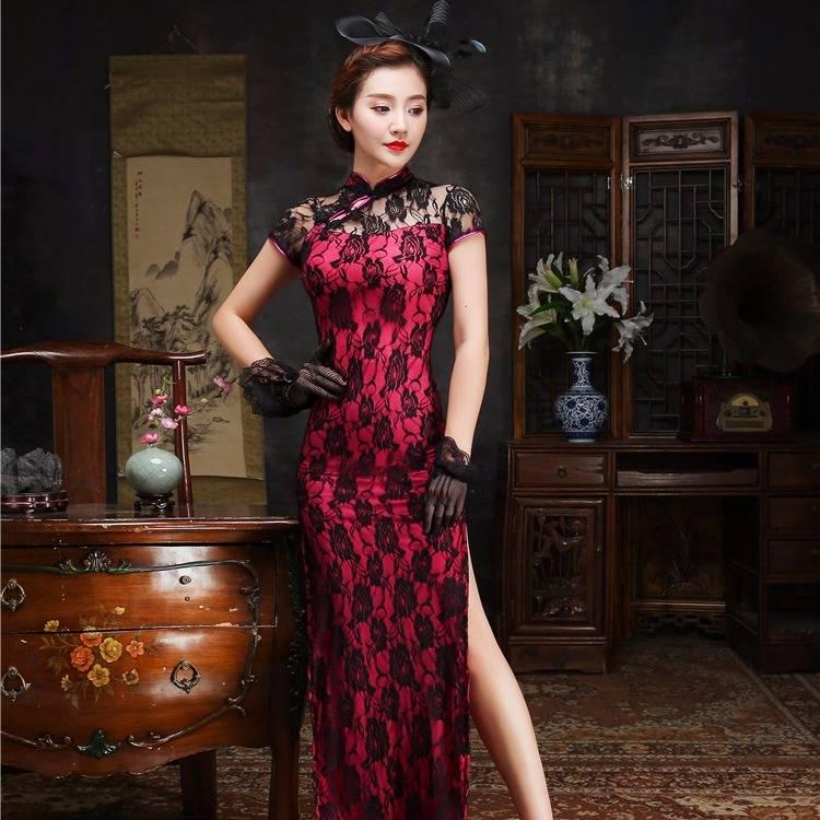 Plus Size Women Lace Classic Long Cheongsam Rayon Floral Elegant Evening Party Dress Traditional