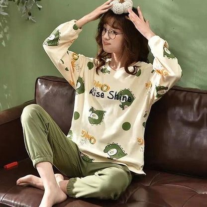 Large Size Pajamas Female Spring and Autumn Soft Pajamas Cute Cartoon Pajamas Home Wear Suit Two Pieces Set Sleepwear