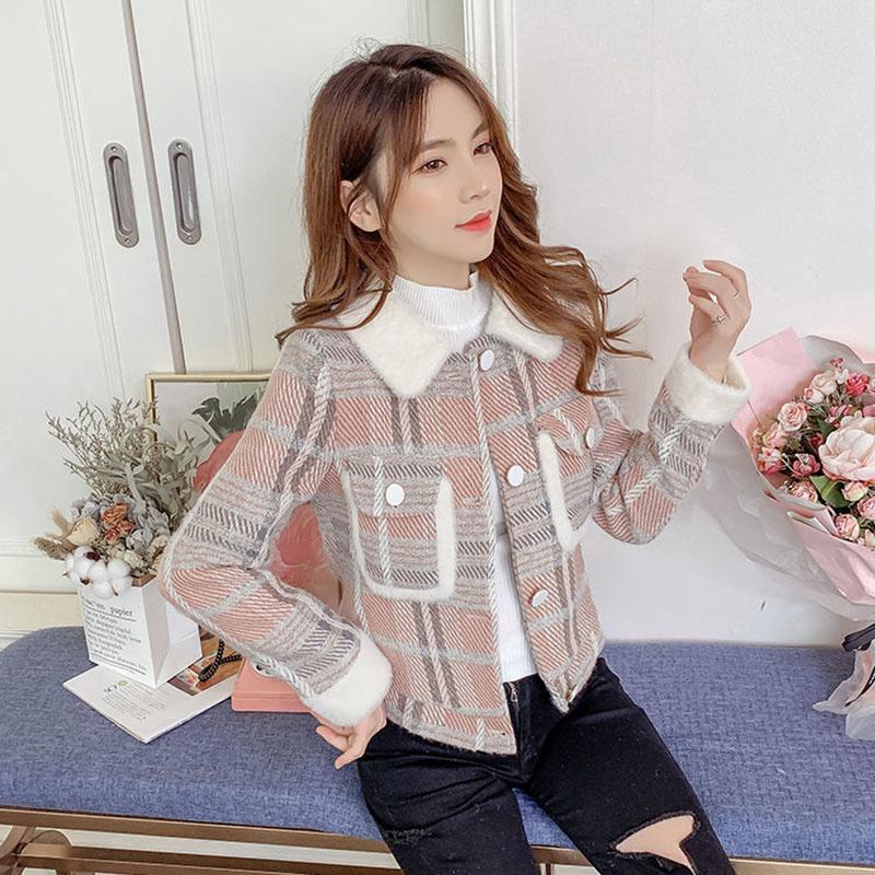 Winter Korean Style Plaid Fur Collar Casual Loose Jacket Women Fashion All-match Straight Short Top