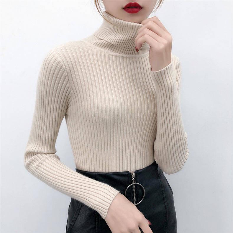 Warm Jacket High Collar Sweater Slim Thick Autumn and Winter Solid Color Sweater Female Students