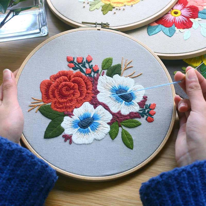 Floral Hand Cross Stitch Embroidery Cloth Starter Kits Needlepoint Color Threads Bamboo Hoop DIY