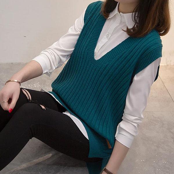 Loose Pullover Knit Vest, Short V-neck Sleeveless Sweater All-match Outer Wear