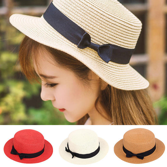 Straw Cap Women Simple Black Bowknot Solid Color British Elegant Sun Hat