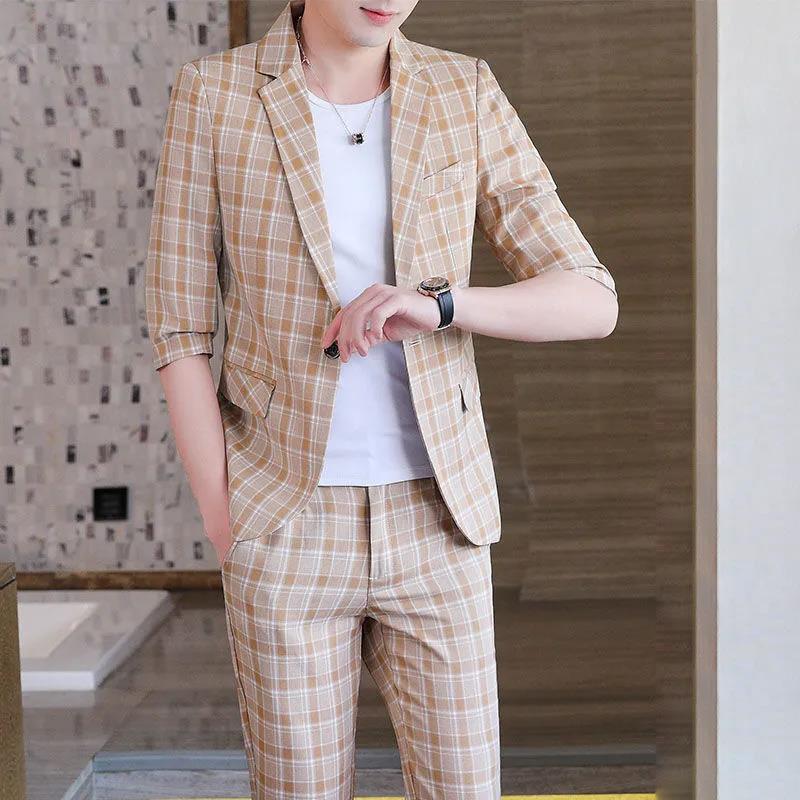 Men's Suit Three-quarter Sleeves Summer Thin Slim Half-sleeved Suit Men's Jacket Fashion Three-piece Men's Trend