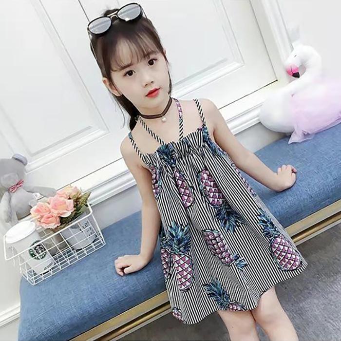 Children's Dress Girl's Suspender Dress Korean Version of Printed Fruit Striped Dress Backless Beach Princess Dress