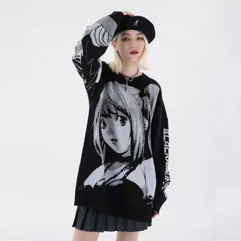 Sweater Men and Women Autumn Tide Brand Round Neck Anime Loose Knit Sweater Men and Women Couples Dark