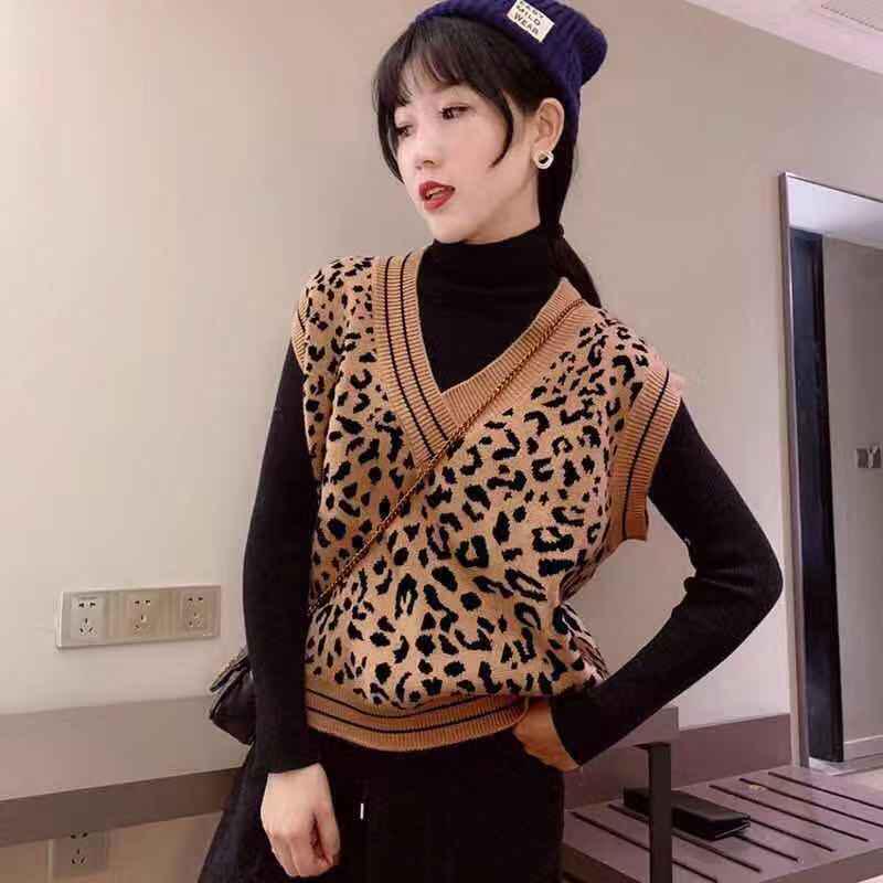 Leopard V-neck Sweater Vest Women's Loose Wild Pullover Knitted Sleeveless Sweater