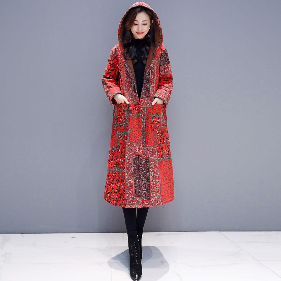 Coat Women Winter Warm Cotton and Linen Ethnic Button Pocket Long Coat Outwear