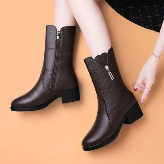 Autumn and Winter Plus Velvet Warm Soft Leather Mid-tube Martin Boots Mid-heel Cotton Boots