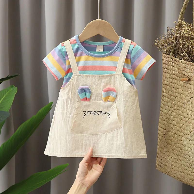 Children Dress Spring Summer O-neck Kids Clothing  Baby Girls Clothing Printing Short Sleeve Fake Two Dress Girl