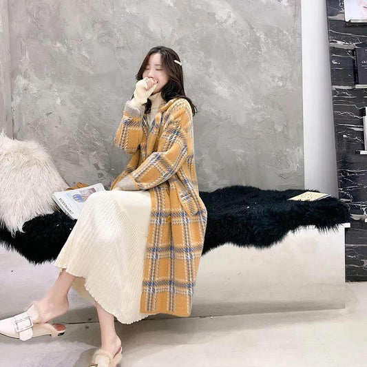 Spring and Autumn Mid-length Plaid Imitation Mink Velvet Coat Women Loose Thick Knit Sweater Coat Women